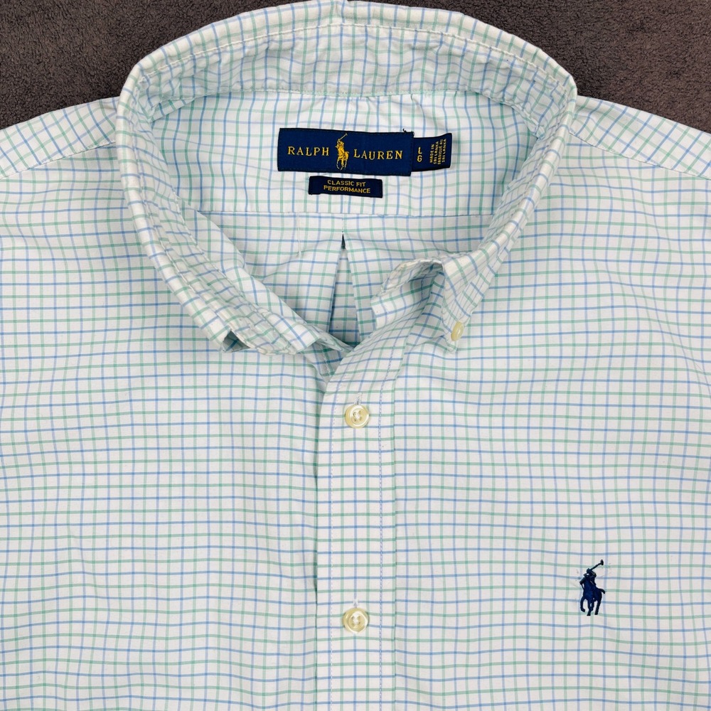 Ralph Lauren Shirt Mens Large White Blue Green Plaid Classic Performance Button